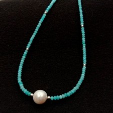 Natural Green Peruvian Amazonite White Pearl Necklace 17''