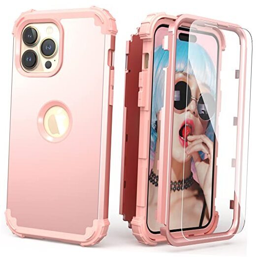 for iPhone 15 Pro Max Case with Screen Protector for Women, 3 in 1 Rose Gold