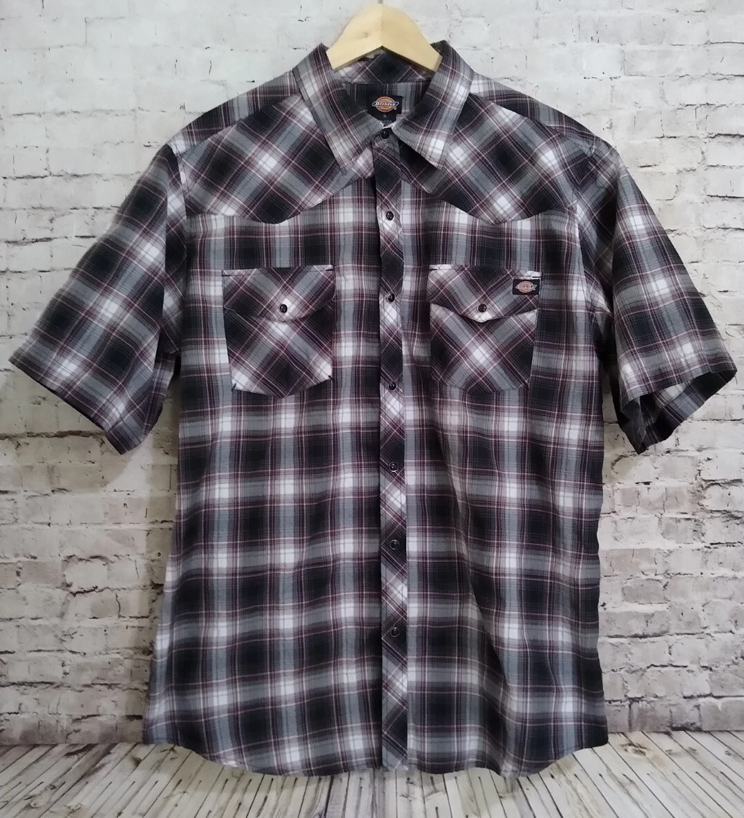 Dickies S S Pearl Snap Black Plaid Shirt XL eBay