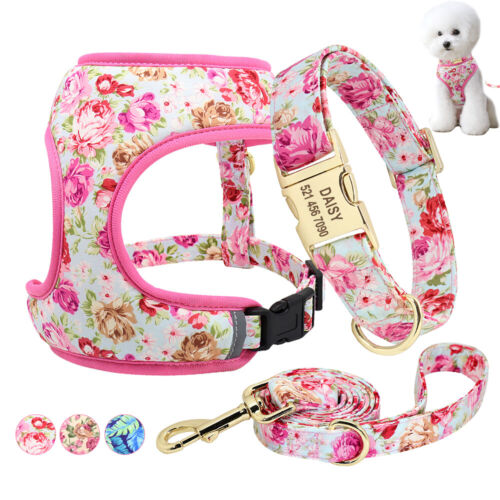 3pcs/set Floral Personalised Dog Collar & Soft Mesh Vest Harness & Walking Leash - Zdjęcie 1 z 18