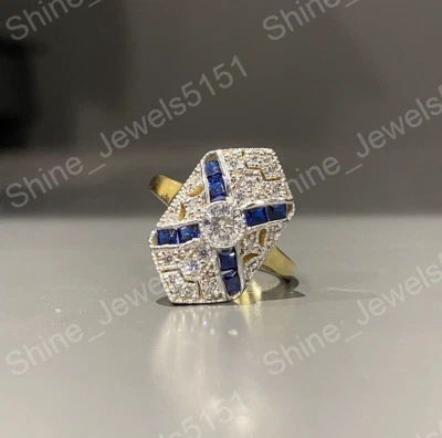 Bague de fiançailles art déco ronde en argent 925 et diamant et saphir créée ... - Photo 1/4