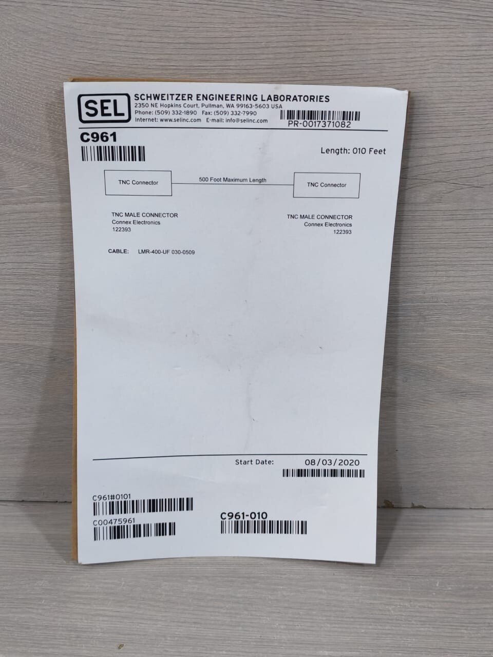 Sel 010 SEL C961 TNC MALE CONNECTOR LMR-400-UF 030-0509 010 FEET -NEW WITHOUT ...