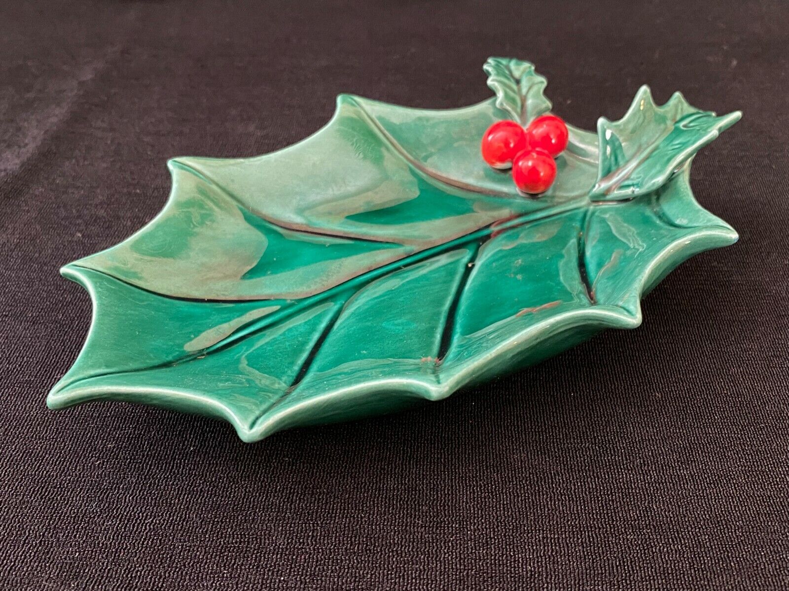 Vintage Glazed Ceramic Christmas Holly Berry Leaf Candy Trinket