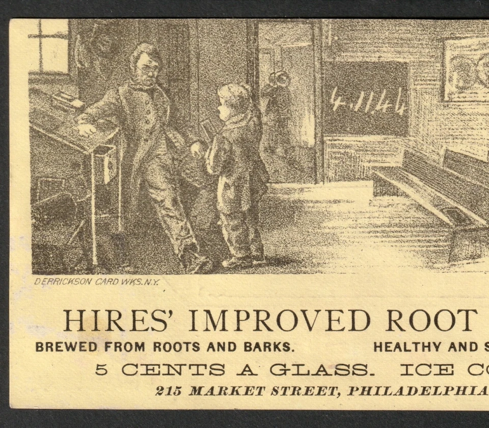 Очень РЕДКАЯ викторианская торговая карточка c 1870-х Hires Root Beer 5 центов стекло Errickson RM.12 - Изображение 3 из 4