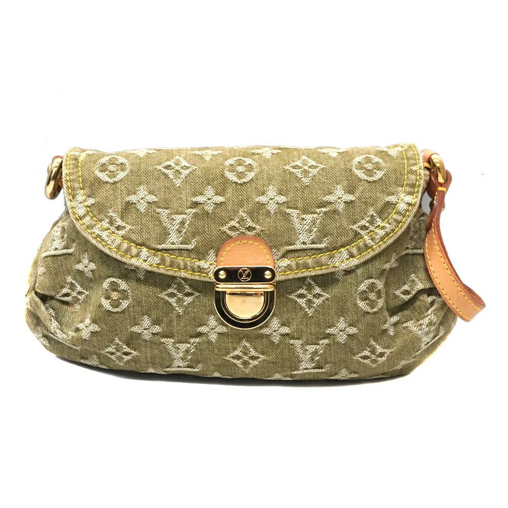 Rare LOUIS VUITTON Mini Pleaty Monogram Denim Khaki Shoulder Hand