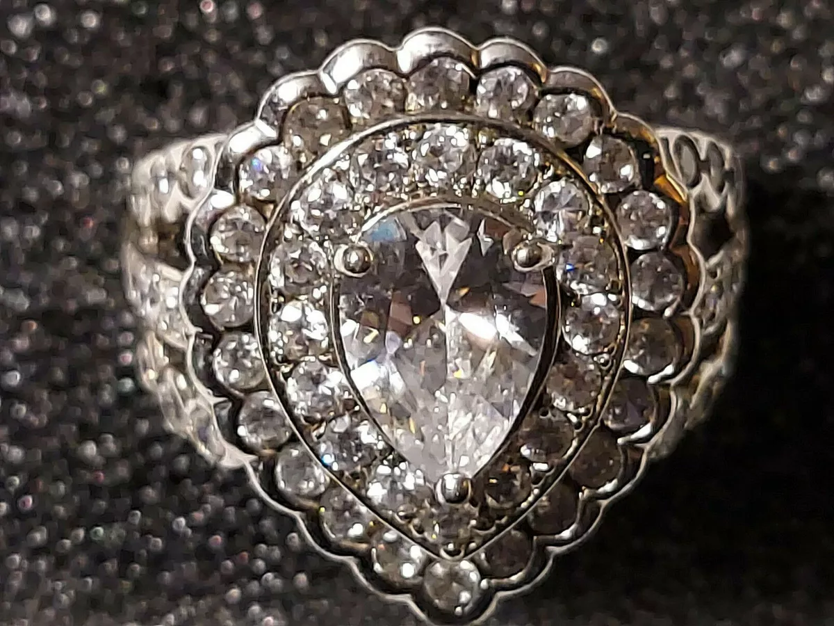 SUZANNE SOMERS SIGNED BLINGY PEAR CZ HALO RING SIZE 10 S.S. 389 OF
