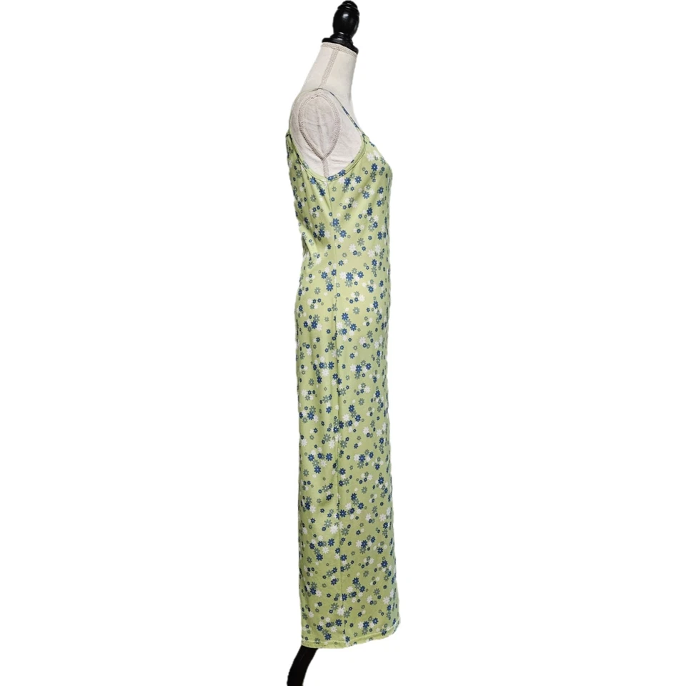 Vintage 90s Y2K Aqua Blues Lime Green Floral Maxi Dress Sz L Flower Power Hippie - Image 2 of 4
