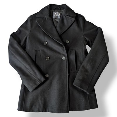 Armani Exchange AX Women's Double Breasted Wool Blend Peacoat Black Size Small 