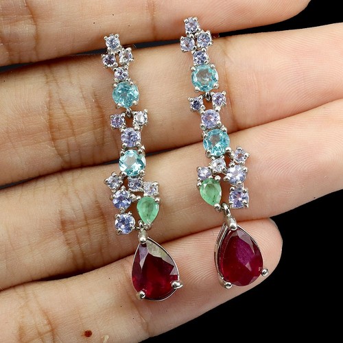 925 Sterling Silver Earrings Pear Ruby Apatite Emerald Gemstone Jewelry - Picture 2 of 13