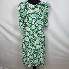 MNG By Mango Floral Short Dress Size 6 Green & White Short Puff Sleeves Crewneck