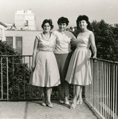 Vintage 1950s Photo Three Women in Summer Dresses Terrace Balcony Cityscape