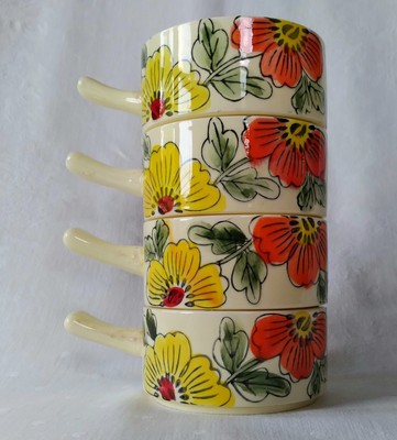 MCM 4 Ceramic Stackable Soup Chili Snack Bowls Orange Yellow Flower Thick Handle