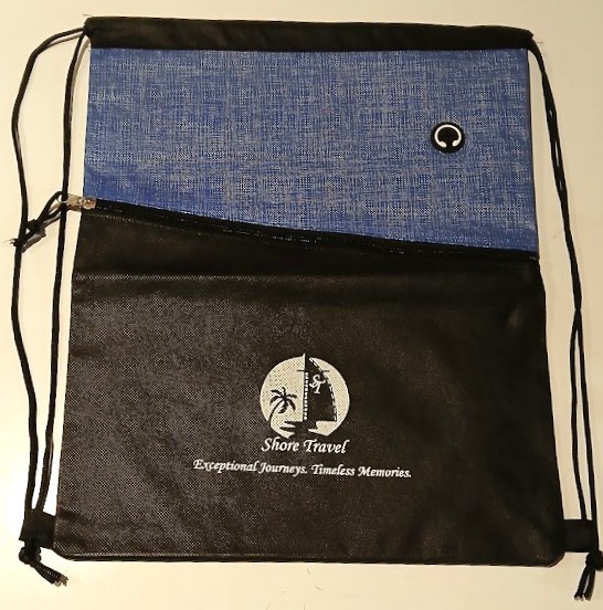 Lightweight, Zippered, Drawstring-style Backpack with the “Shore Travel" logo