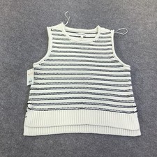 Image of Lucky Brand Sweater Vest Womens S/P White Stripe Crewneck Chunky Knit Sleeveless