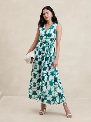blue and green tie dye dress NEW Banana Republic Voile Cotton Wrap Maxi Dress in Green Tie Dye Women Sz 4