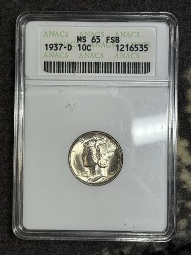 1937-D MERCURY DIME ANACS MS65 FSB SOAPBOX HOLDER