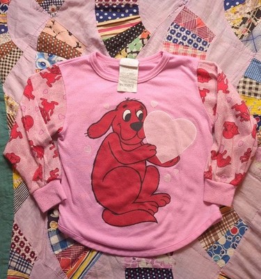 Vintage Clifford The Big Red Dog Pajamas Top Kids 4T Wormser Pink Hearts 