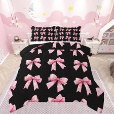 Black Pink Bow Comforter Set Full Size Cute Bowknot Bedding Set for Kids Boys...