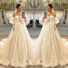 Exquisite Lace Appliques Wedding Dresses for Women Brides Lantern Sleeves Court