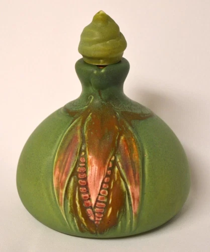 Rookwood Pottery Green Corn Jug ca. 1900 Red-Brown Cob & Leaves Stopper 7" Tall