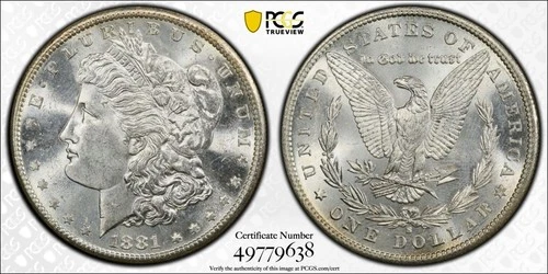 1881-S MORGAN SILVER DOLLAR PCGS MS62 GOLD SHIELD/TRUEVIEW