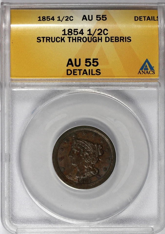 1854 1/2c Braided Hair Half Cent ANACS AU 55 Details Struck Through Debris - Image 4 of 4