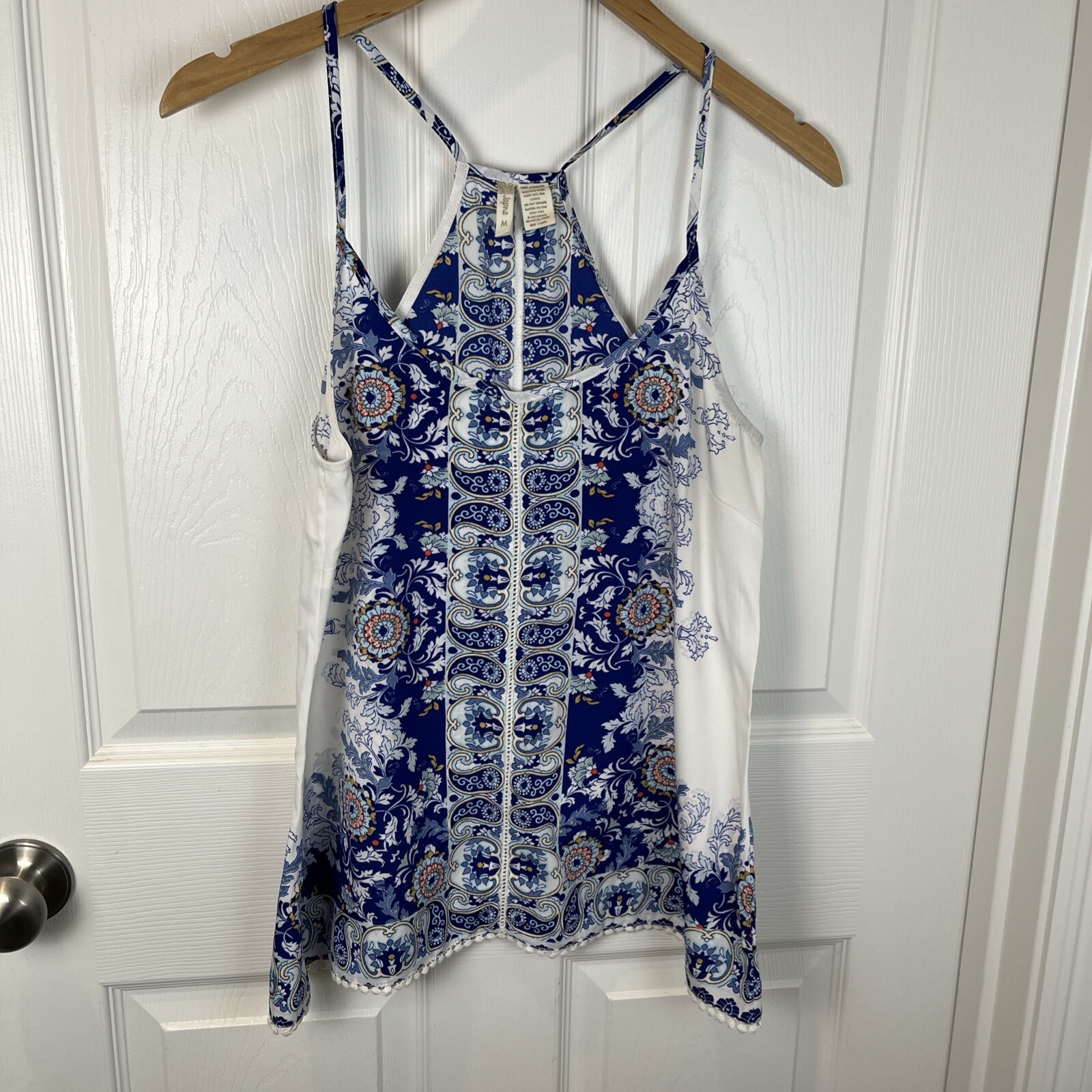 Japna White Blue Flowers and Geometric Designs Summer Tank Top Women’s Small