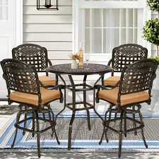 5PC Outdoor Patio Swivel Bar Set, Cast Aluminum Bistro High Bar Stools & Table