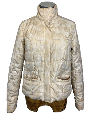 BONPRIX MANTEL 10 CREME GOLD Blumen Puffer wattiert Reißverschluss Knopf gefüttert kurz Freizeit