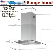 36" Stainless Steel Island Mount Range Hood 900 CFM Glass Mechanical Control New