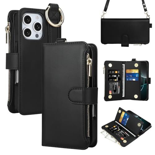 Funda para iPhone 16 Pro con Tarjetero Bandolera Correa Cuero Abatible Negra - Imagen 2 de 7