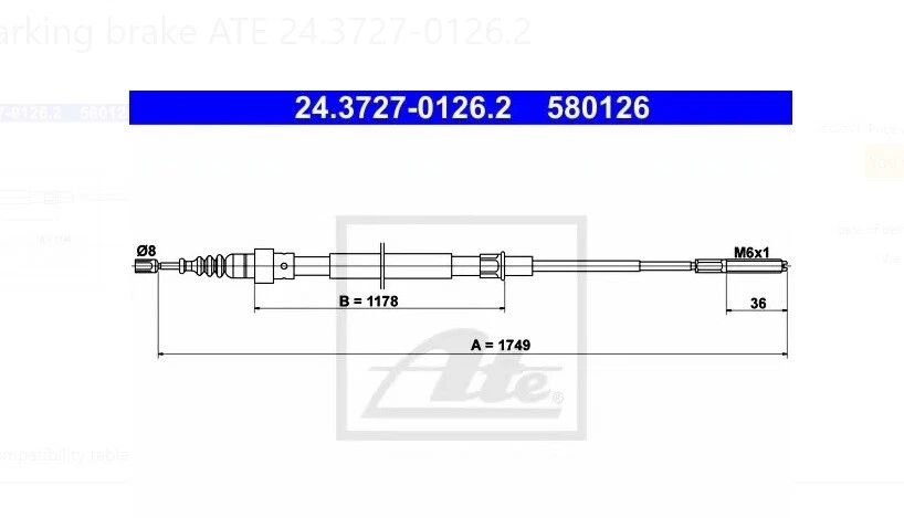NOS ATE German Parking Brake Cable 357609721E VW Volkswagen Passat 1990 to 1994 - Image 2 of 3