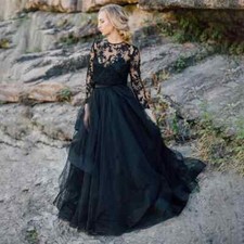 Scoop Long Sleeves A-Line Black Wedding Dress Lace Long Tulle Bridal Dress