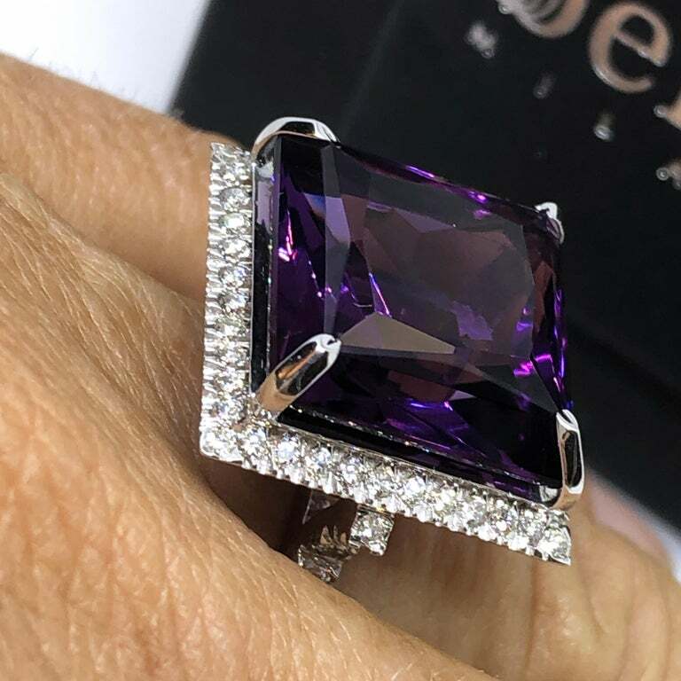 Featuring A Carat Princess Cut Amethyst Shiny CZ Halo Huge Fashion  Ring