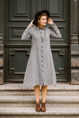 Classic Dress, Long Sleeve, Twill Linen | Son de Flor, Grey Moon / XXS
