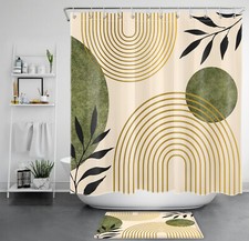 Boho Mid Century Minimalist Gold Abstract Shower Curtain Set for Bathroom Decor