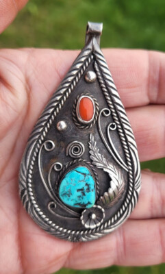 Dorothy Secatero Sterling Silver Hand Made Navajo Turquoise & Coral Pendant 3 In