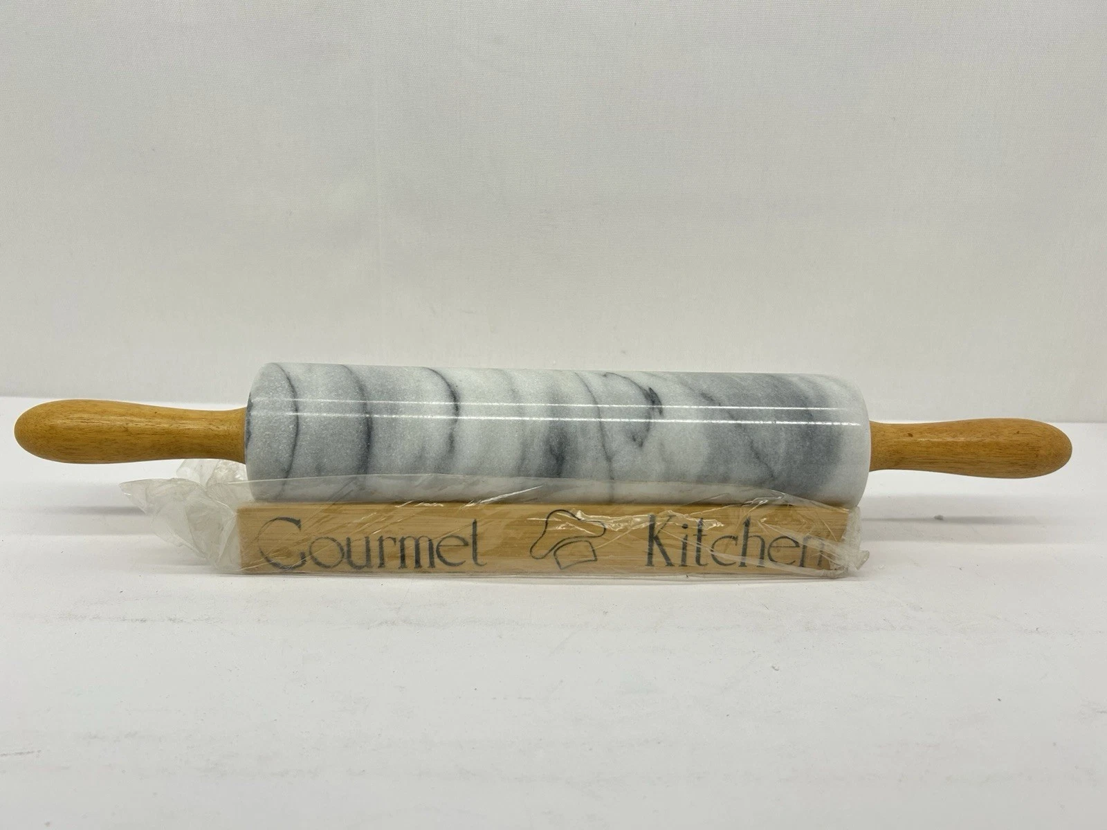 Vintage Gourmet Kitchen Marble Rolling Pin Gray Marbled Wood Handles & Cradle