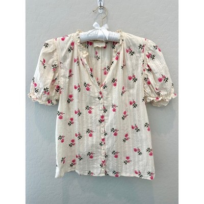 SEZANE Ema Shirt Organic Cotton Floral Puff Sleeve Blouse Cottagecore | Size 36