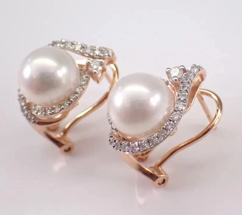 2 Ct Round Cut Lab-Created Pearl Omega Back Stud Earrings 14K Rose Gold Plated - Image 2 of 4