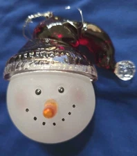 Blown Glass Frosted  Snowman Head With Red Hat 3.75"