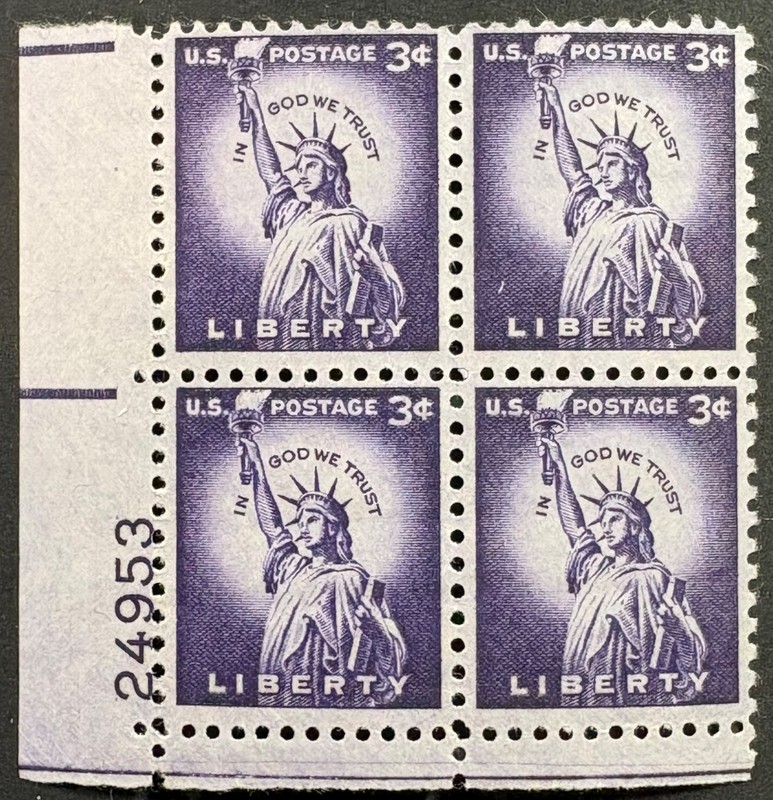 US Scott #1035, Statue of Liberty, Wet Prt, Plate Block of 4, 3¢ Stamp MNH, F-VF