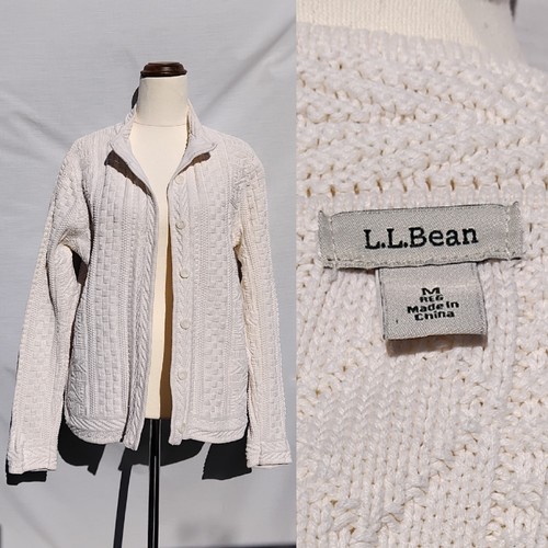 L.L. Cárdigan de algodón blanco frijol talla M con botones patrón geométrico manga larga