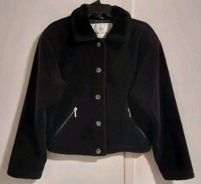 Vintage 90s NILS Resort Collection Black Crop Teddy Coat Jacket Button Up Size S