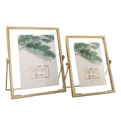 MKUN Set of 2 Glass Picture Frames Floating effect Gold Metal Geometric photo...