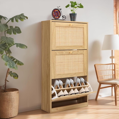 Slim 3-Tier Shoe Cabinet with Rattan Flip Drawers for Entryway Storage