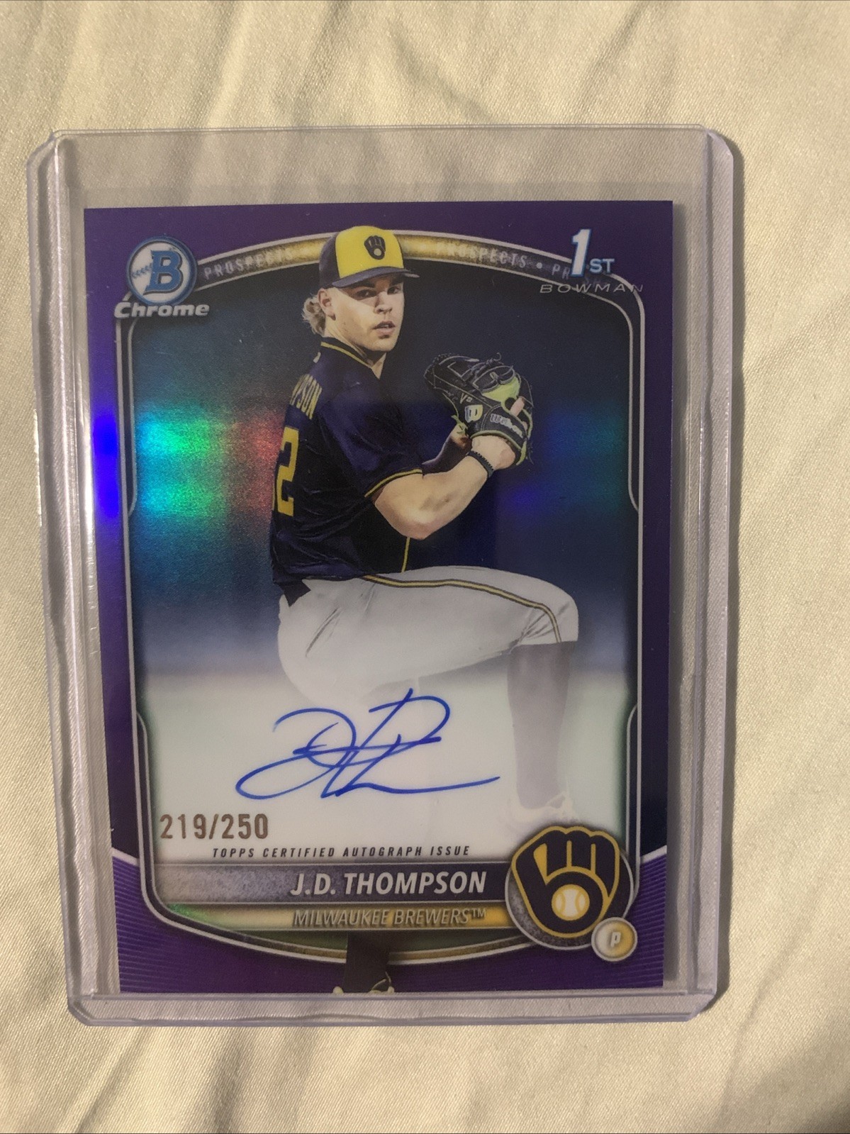 2025 Bowman Draft J.D. Thompson Chrome Auto Purple Refractor 1st #/250 Brewers