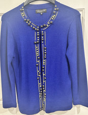 Jones New York Collection Women's Blue Knit Solid Round Neck Cardigan Sweater S
