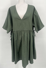 ASOS Dress Womens 4 Green V Neck Side Tie Smocked Waist Oversized Babydoll Boho