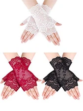 3 Pairs Halloween Lace Gloves - Women's Short Fingerless Black, White, Red